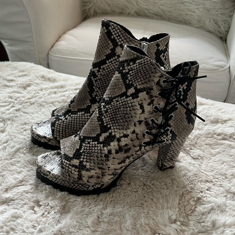 All Saints Heeled Peep Toe Snakeskin Boot